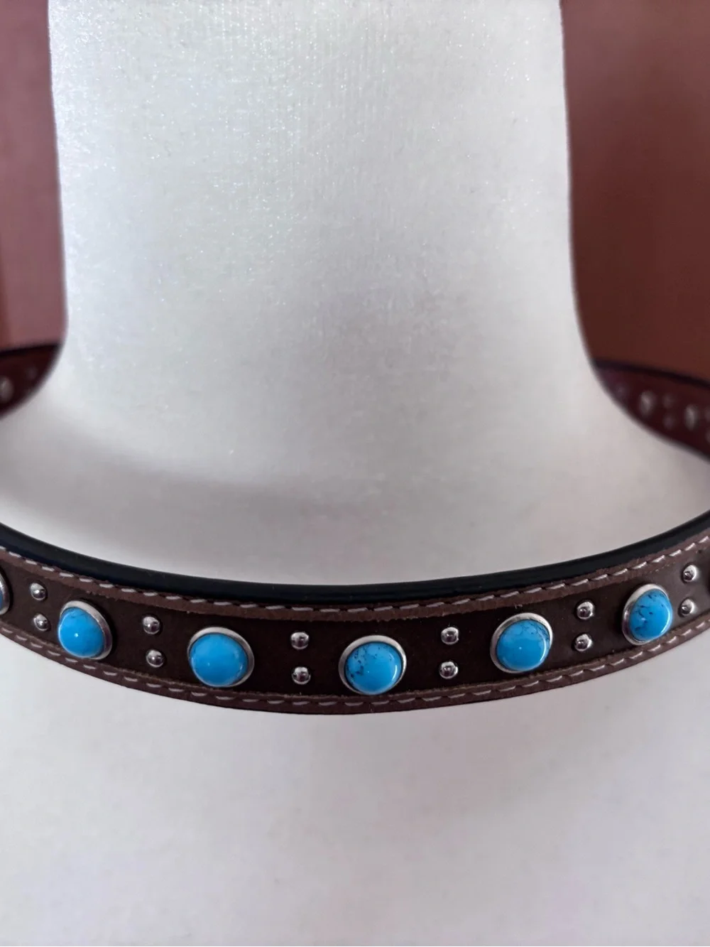 Western Brown Leather Hatband Turquoise Conchos Silver Buckle Adjustable 28